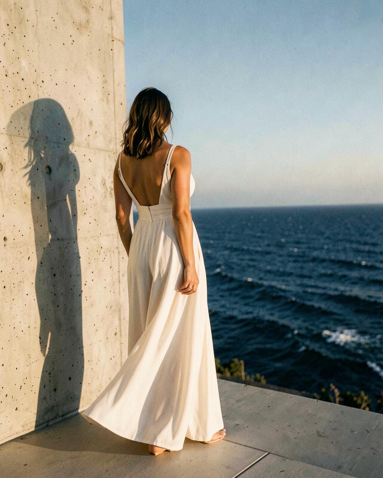 Anonymous woman in an ivory dress overlooking the Pacific Ocean