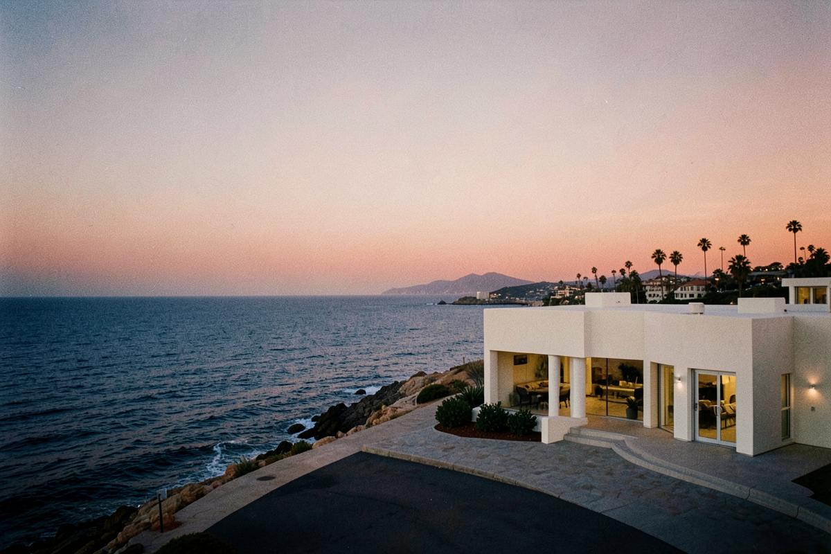 Modern coastal architecture overlooking the Pacific at sunset